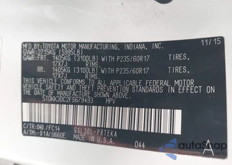 2015 Toyota Sienna Le 8 Passenger z USA, uszkodzony, nr VIN 5TDKK3DC2FS679493